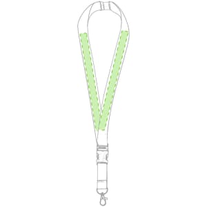 A green and white lanyard with a clip at the end and stitching details. It features a logo.