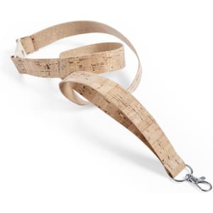 A natural cork lanyard with a silver clip, featuring a smooth texture and a light beige colour.