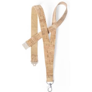 A cork lanyard featuring a clip attachment, displaying a natural light brown colour with a textured finish.