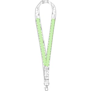 A lanyard featuring a green and white design with a clip for easy attachment. It includes a logo.
