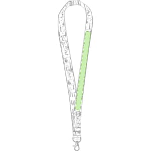 A lanyard featuring a patterned design with a bright green section, complete with a clip for attachment.