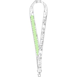A lanyard featuring a white pattern with a green accent and a clip for attaching items.