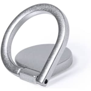 A silver phone holder with a circular base and a looped support. It has a simple, sleek design.