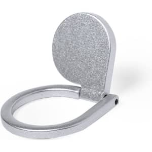 A silver phone holder with a circular design, featuring a sturdy ring for secure attachment.