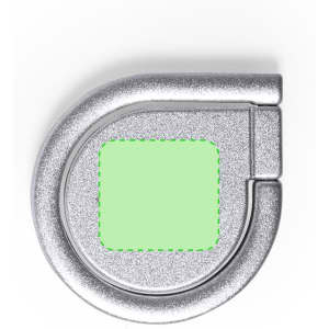 A silver phone stand with a square surface. The product has a logo and features a shiny, metallic finish.