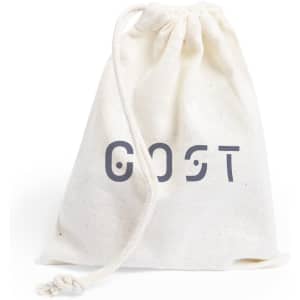 A natural-coloured drawstring bag with a logo. The bag is made of fabric and features a simple design.