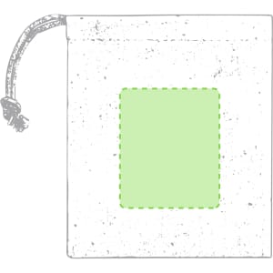 A drawstring bag in a light grey colour with a green rectangular area outlined in a dashed line.