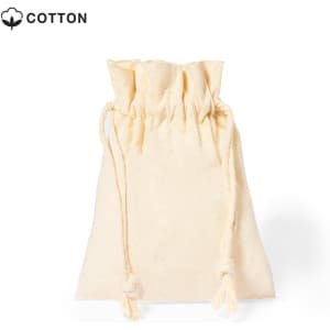 A beige cotton drawstring bag with a gathered top and two tied cords.