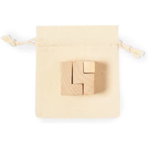 A wooden skill game puzzle in a cream-coloured fabric pouch. The puzzle features wooden pieces in light tones.