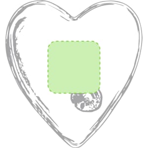 A heart-shaped outline with a small green square in the centre. The design features a simple, minimalist style.