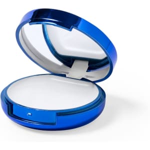 A blue cosmetic compact with a mirror, featuring a sleek, shiny finish and a hidden opening mechanism.