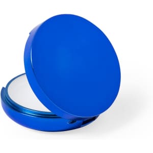 A blue compact opens to reveal a mirror, featuring a sleek design and smooth surface. It includes a logo on the exterior.
