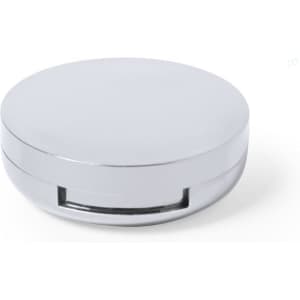 A shiny silver lip balm container with a round shape and a small opening. It features a branding logo on top.