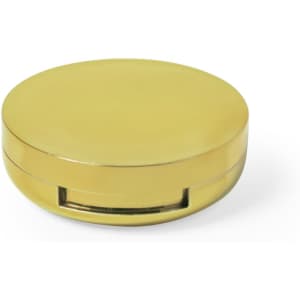 A gold lip balm container with a smooth, reflective surface and a removable lid.