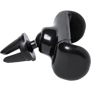 A black car phone holder featuring a versatile vent clip and a supportive design. It includes a logo.