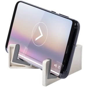 A grey phone stand with a smartphone positioned to showcase its screen, featuring a minimalistic design.