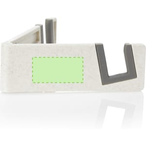 A phone stand in a neutral colour with a grey accent, featuring a simple design and an area for branding.