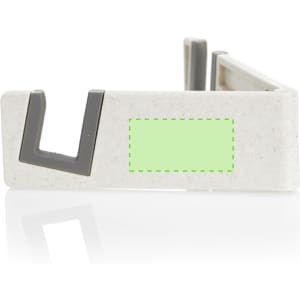 A phone stand in a light grey and dark grey colour combination, featuring a minimalist design and a logo.