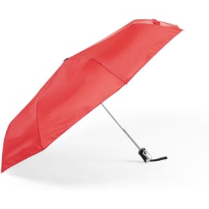 A red umbrella with a metal frame, featuring a black handle and a logo.