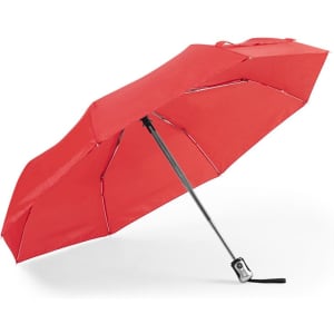 A red umbrella with a silver handle, featuring a logo, suitable for leisure and outdoor activities.
