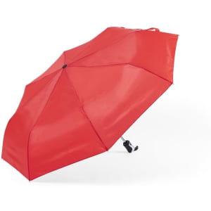 A red umbrella with a black handle, featuring a button for opening and closing. It has a logo on the fabric.