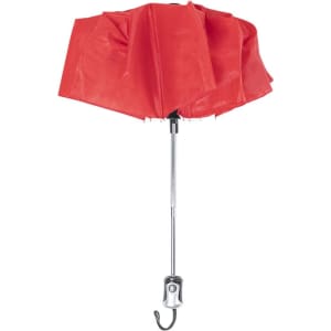 A red umbrella with a shiny chrome pole and hook. It features a simple design and has a logo on its handle.