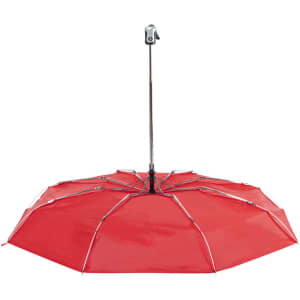 A red umbrella with a metal frame and a central pole, featuring a logo on the top.