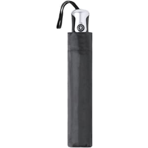 A black umbrella with a chrome handle, stored in a matching black pouch. It features a built-in strap for carrying.