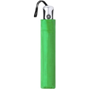 A green umbrella with a metallic handle and a black strap, stored in a matching sleeve.