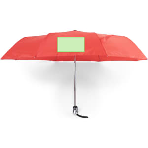 A red umbrella with a silver handle and base, featuring a logo on the canopy.