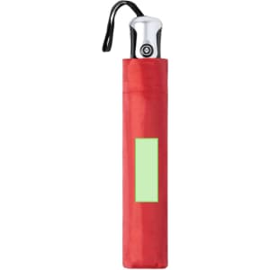 A red umbrella with a silver handle, stored in a matching red sleeve, featuring an area for branding.