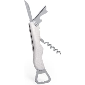 A drink bottle opener with a corkscrew and knife, featuring a white handle and stainless steel elements.