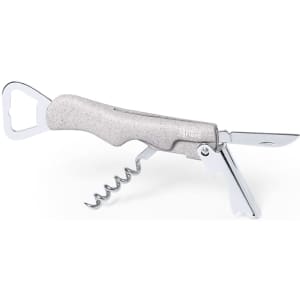 A drink bottle opener in silver with a corkscrew, knife, and integrated bottle opener, featuring a textured handle.