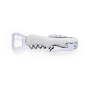 A drink bottle opener featuring a grey corkscrew handle and silver metal components, complete with a logo.