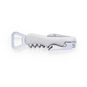 A drink bottle opener in white with a corkscrew and attached bottle opener feature, showcasing a sleek design.