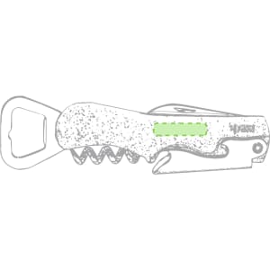A drink bottle corkscrew opener in grey with a bottle opener and a corkscrew design. Features a branded logo.