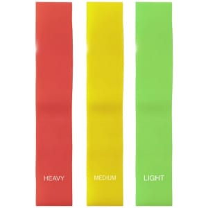 Three exercise bands in red, yellow, and green, labelled as "Heavy," "Medium," and "Light," with a logo.