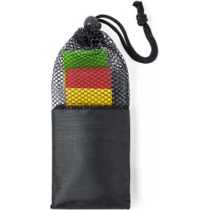 A set of exercise bands in a black mesh carrying pouch, featuring green, yellow, and red bands inside.