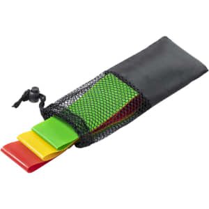 A set of exercise bands in red, yellow, and green, stored in a black mesh pouch.