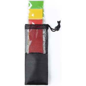 A set of exercise bands in red, yellow, and green, stored in a black mesh drawstring bag.