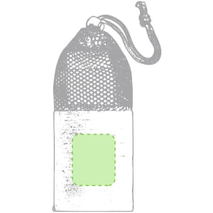 A mesh storage pouch with a green panel and a carabiner clip for securing.