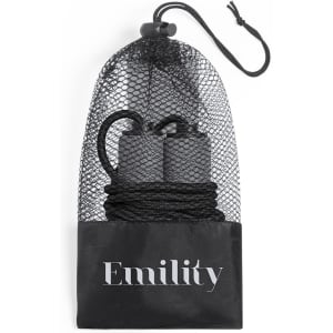 A mesh bag containing a jump rope with grey handles and a black, branded bottom.