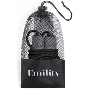 A grey jump rope enclosed in a black mesh bag, featuring a logo on the pouch.