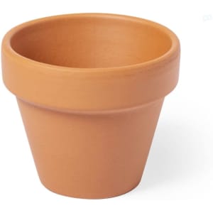 A terracotta flowerpot with a classic tapered design and a smooth finish. It features a logo on the side.