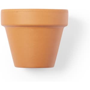 A terracotta flowerpot with a tapered design and smooth finish. It features a simple, unembellished surface and has a logo.