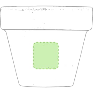 A white flowerpot with a green square design on the front. The pot has a simple, classic shape and includes a logo.