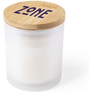 A frosted glass candle holder with a bamboo lid, featuring purple branding on top.