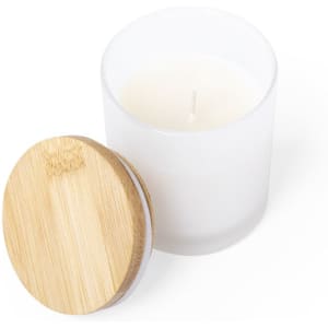 A white aromatic candle in a frosted glass container with a bamboo lid. It has a clean, minimalist design.