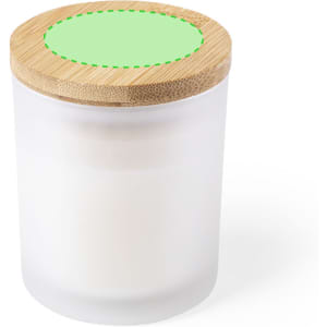 A frosted glass candle jar with a bamboo lid, featuring a green top and filled with wax.