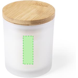 A frosted glass candle jar with a bamboo lid, featuring a placeholder area for branding or design.